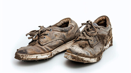 Dirty worn sneakers isolated on white, muddy shoes after outdoor adventure, trekking footwear, active lifestyle