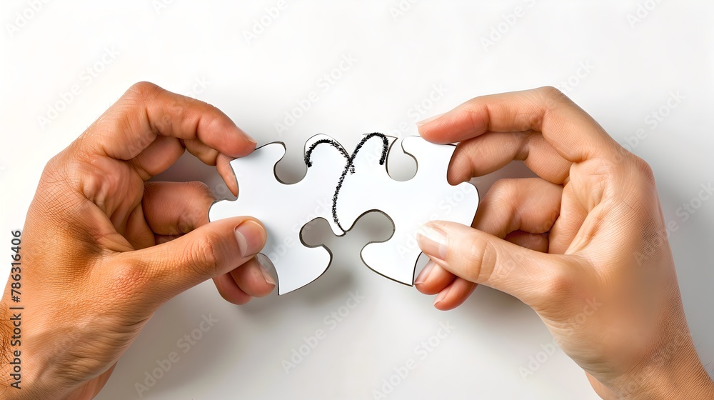 Poster two hands connecting puzzle pieces together on a white background. concept of problem-solving and co