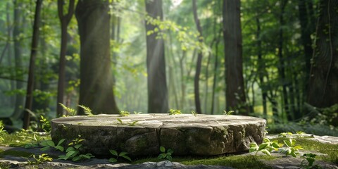 A stone circle in a forest with moss growing on it