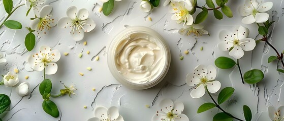 Soothing Skin Cream Amidst Blossoms & Leaves. Concept Nature-inspired Skincare, Botanical Beauty, Flower Power, Plant-based Remedies, Organic Elixirs - obrazy, fototapety, plakaty