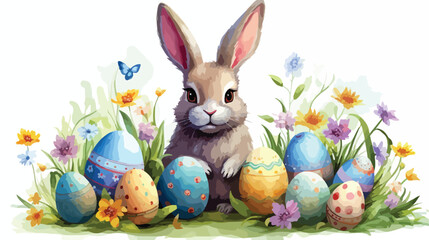 Happy easter bunny with easter eggs Vector Illustration