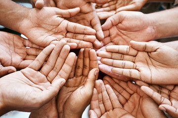 Hands, teamwork and collaboration in closeup with partnership and charity for community support....
