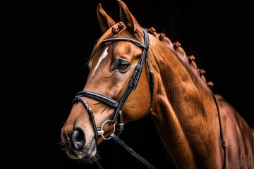 Stunning dressage chestnut gelding horse in bridle isolated on black background