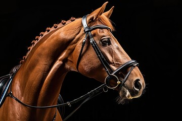 Stunning dressage chestnut gelding horse in bridle isolated on black background