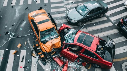 High angle view of a dangerous car crash incident on the road, top view collision
