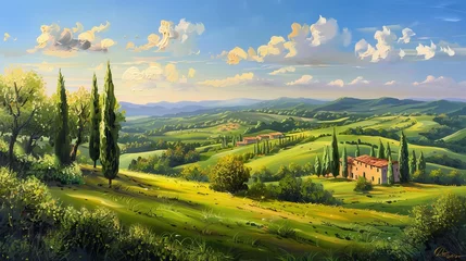 Fotobehang Tranquil Italian countryside painting, featuring rolling hills, lush green grass, and deep blue skies. Pine and cypress trees add a touch of timeless elegance to the serene landscape. © Suleyman