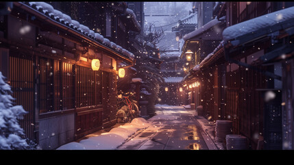 Kyoto Snowfall Night - obrazy, fototapety, plakaty