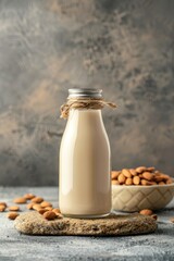 Organic almond milk in bottle with raw almonds, kitchen scene with copy space for text placement