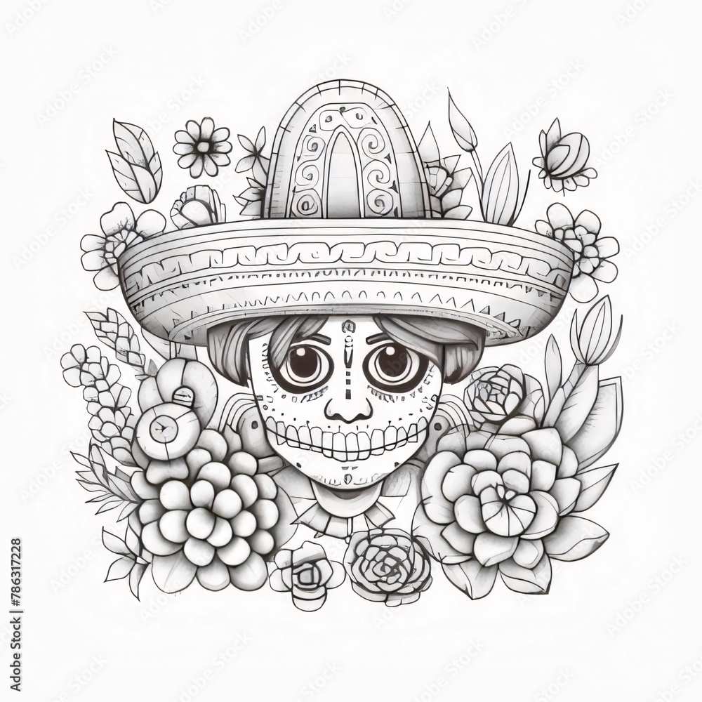 Wall mural Hand drawn mexican skull in sombrero and flowers. Vector illustration.