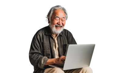 Joyful Senior Man with Laptop on Transparent