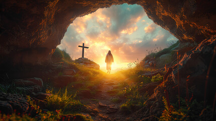 The resurrection of Jesus in the tomb at dawn. - obrazy, fototapety, plakaty