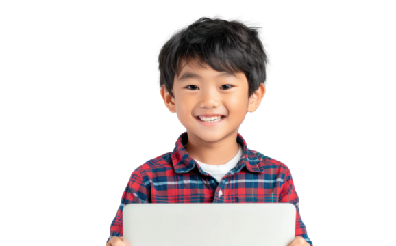 Smiling Boy with Tablet on Transparent Background