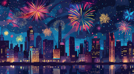 Night view on celebration of new year with colorful fi - obrazy, fototapety, plakaty
