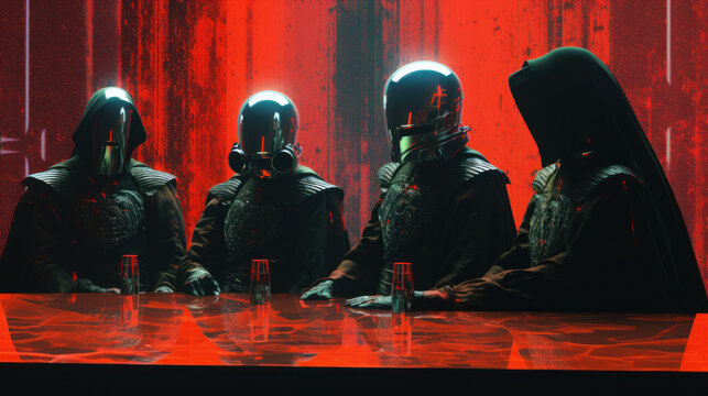 Warriors dressed in futuristic armor with elements of Templar knights hold a council around a table