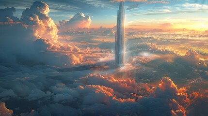 A gravity-defying skyscraper towers above the clouds at sunrise - obrazy, fototapety, plakaty