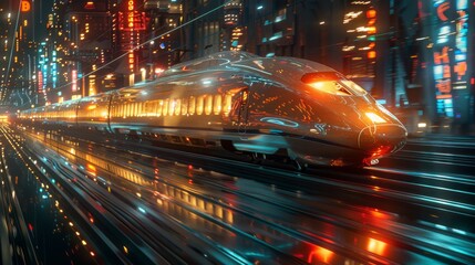 Futuristic high-speed train gliding elegantly through a vibrant, illuminated city