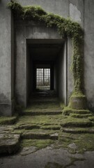 Narrow, moss-covered stone passage leads to small window with iron bars, suggesting old, possibly abandoned structure where nature has begun to reclaim man-made environment; walls weathered.