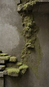 Stone staircase, showing signs of age, neglect, seen against concrete wall. Staircase covered with vibrant green moss, indicating lack of human activity, slow but steady encroachment of nature.