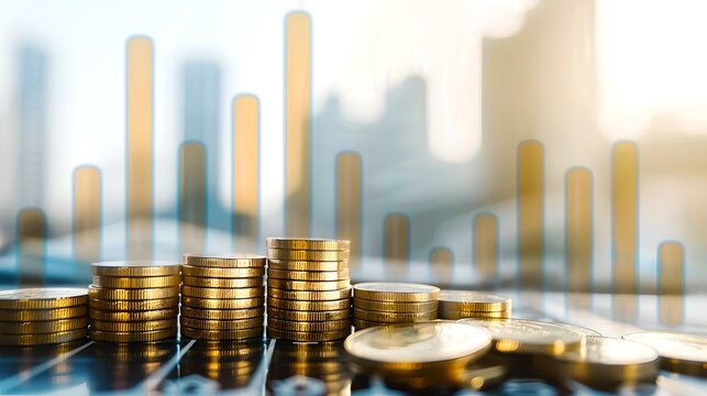 Growing Wealth in the City: Stacked Coins with Financial Graphs. Investment, Economy, and Finance Concept. Budgeting for Urban Development. AI