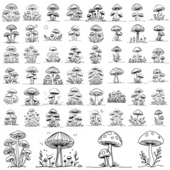 forest mushrooms, collection set of monoline collection, one line doodle style, black vector laser cutting