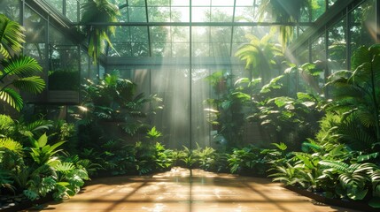 Sunlit high-tech greenhouse filled with lush exotic plants and spacious walkways