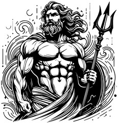 greek god of the seas and oceans, poseidon, muscular man, black vector, ornament and decoration, colorless shape clipart silhouette