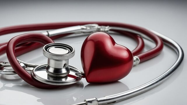 Stethoscope, heart-shaped object, both symbolic of healthcare, main subjects of this image. Stethoscope, with its shiny metallic finish, heart, with its glossy red surface, intertwined.