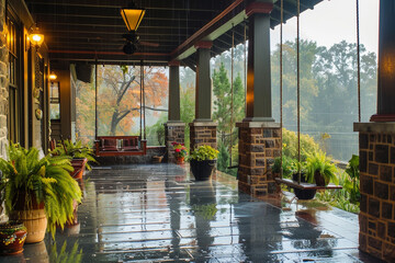 A craftsman style house's front porch during a gentle rain, with a swing and a selection of potted...