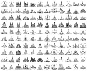 catholic churches black and white vectors in doodle hand sketch style, silhouette one line