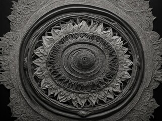 Meticulously carved circular stone relief captures viewers attention. Central motif detailed floral pattern surrounded by concentric circles filled with elaborate carvings that radiate outward.
