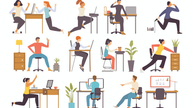 Office employees exercise at work stretch near the design