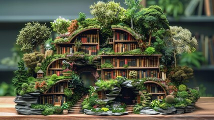 Fototapeta na wymiar Enchanting miniature landscape nestled among classic bookshelves in a cozy library setting