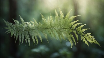 Delicate fern branch, bathed in soft sunlight, extends gracefully against backdrop of serene, lush forest. Intricate patterns of fern leaves highlighted, revealing their detailed structure.