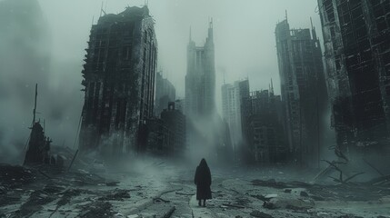 A lone figure walks through a foggy, deserted cityscape with looming skyscrapers - obrazy, fototapety, plakaty