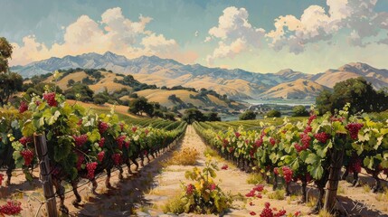 Scenic vineyard with lush grapevines under a vibrant sky, idyllic rural landscape