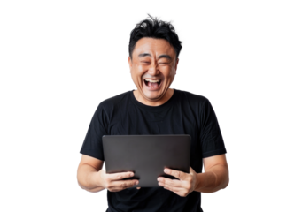 Joyful East Asian Man with Laptop