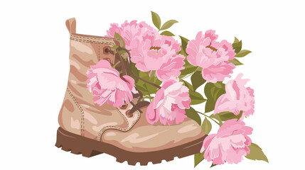 Old boot filled with pink flowers blooming pink peonie
