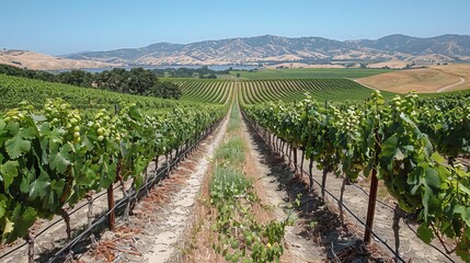Scenic vineyard with lush grapevines under a vibrant sky, idyllic rural landscape - obrazy, fototapety, plakaty