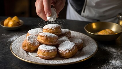 A closeup image of a chef sprinkling powdered sugar over a plate of beignets The beignets are golden brown and look delicious. generative AI