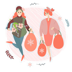 Vector illustration on a white isolated background with a girls walking from a store with a basket of Easter eggs.