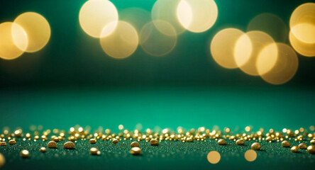 golden balls and yellow blurry circles on emerald green background