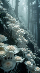 White mushrooms sprout on forest rock, thriving in natural landscape