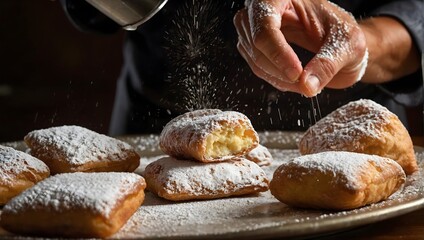 A closeup image of a chef sprinkling powdered sugar over a plate of beignets The beignets are golden brown and look delicious. generative AI - obrazy, fototapety, plakaty