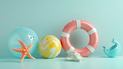 Three-dimensional beach toys, like a swim ring, beach ball, and starfish, look isolated on a light blue surface.