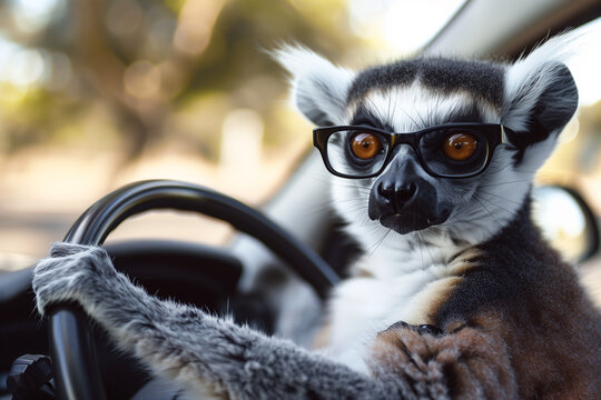 Limur in glasses driving a car