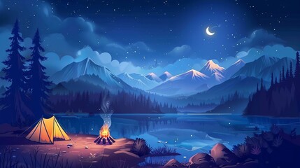 The family is camping in the wilderness near mountains. It's night time. There's a tent, a campfire, and a pine forest. The night sky is full of stars and moonlight.