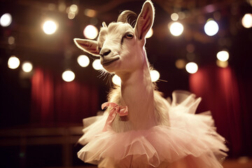 goat in a ballerina costume against the background of the stage