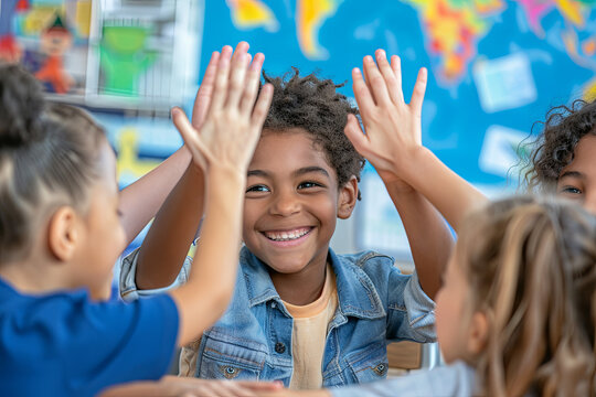 Happy diverse multiethnic kids junior school students group giving high five together in classroom