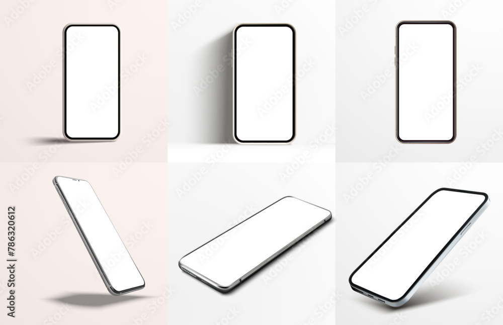 Poster sleek smartphone mockups displayed in various angles. six smartphone mockups on a soft background, p