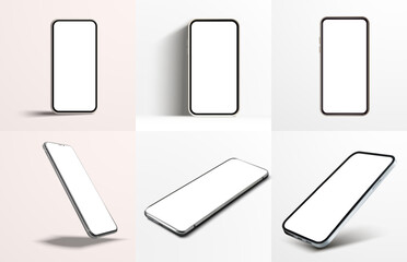 Sleek Smartphone Mockups Displayed in Various Angles. Six smartphone mockups on a soft background, perfect for showcasing app designs or mobile interfaces. Vector mockup illustration